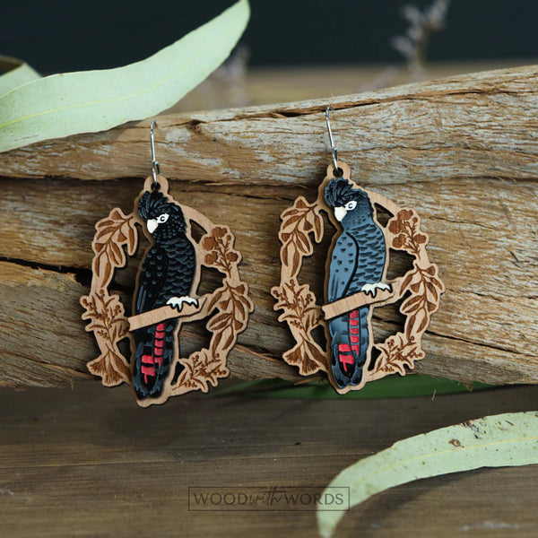 Black Cockatoo Dangle Earrings - Gold Hook