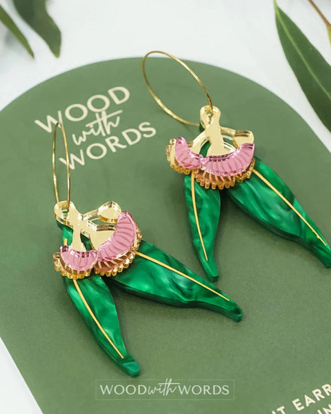 Pink Flowering Gumnut Eucalyptus Dangle Earrings - Gold hoop