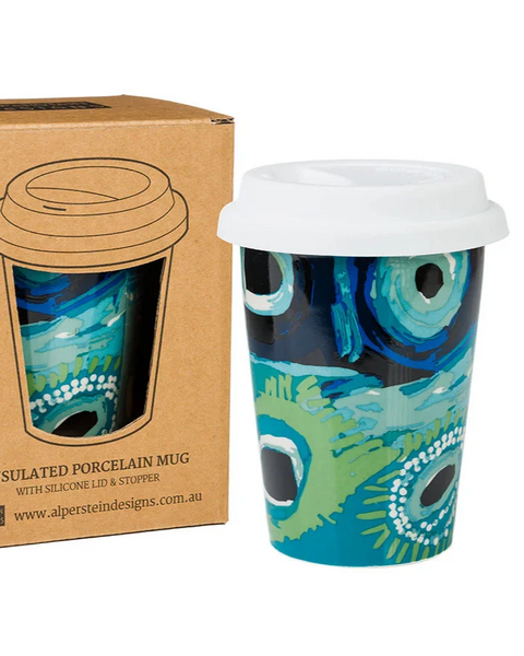 Insulated porcelain mug with peacock design next to its packaging box.