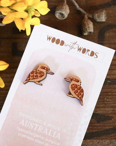 Wooden Stud Earrings - Kookaburra