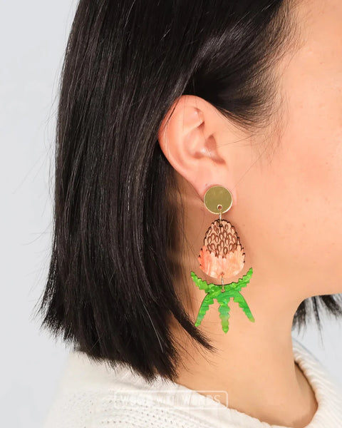 Orange Banksia Dangle Earrings - Gold Mirror