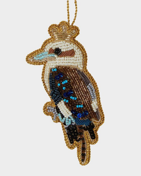 Beaded ornament of a kookaburra on a white background