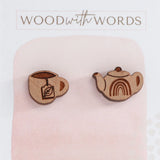 Wooden Stud Earrings - Teapot and Cup