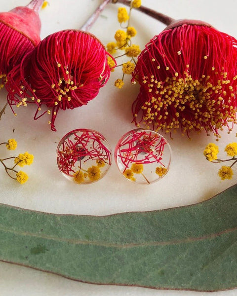 Golden Wattle & Gumnut Blossom - Button Stud Resin Earrings